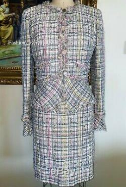 Nwt Gorgeous Chanel 05p Multicolor Tweed Fringe Pink Green Jacket Skirt Suit 40