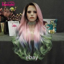Ombre Pink Blue Green Synthetic Lace Heat Resistant Fiber Wavy Dark Root Wigs