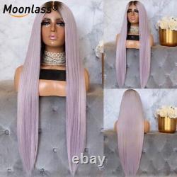 Ombre Pink Straight Lace Front Human Hair Wigs HD Transparent Wigs Light Green