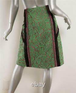 PRADA Green Mauve Pink Textured Floral Black Stitch A-Line Skirt 8-44 NEW $1300