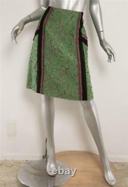 PRADA Green Mauve Pink Textured Floral Black Stitch A-Line Skirt 8-44 NEW $1300