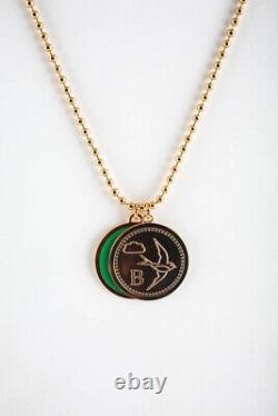 Peech Gold Tone 27mm Green Pink Swan Double Enamel Medallion Necklace Pendant