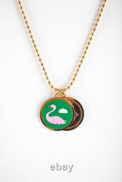 Peech Gold Tone 27mm Green Pink Swan Double Enamel Medallion Necklace Pendant