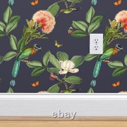 Peel-and-Stick Removable Wallpaper Exotic Flowers Birds Green Blue Pink Graphite