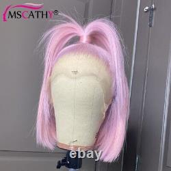 Pink Colored Lace Front Wig Mint Green Short Bob Human Hair Wigs HD Transparent