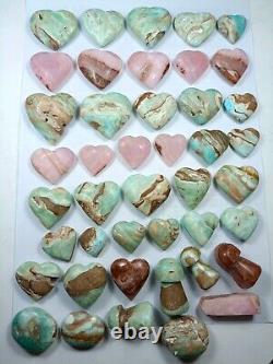 Pink & Green Aragonite Polished Hearts, Mushrooms & Mini Tower (44 PCs)