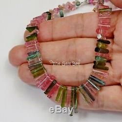 Pink Green Blue Polished Tourmaline Crystal Beads 8 inch strand