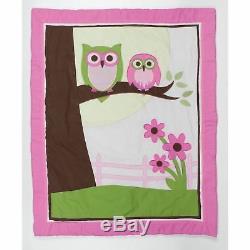 Pink Green Owls 10 pcs Crib Bedding Set Baby Girl Nursery Quilt Mobile Diaper