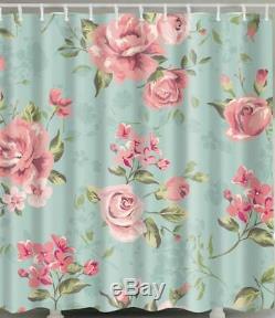 Pink Roses With Green Leafs Bathroom Shower Curtain Polyester