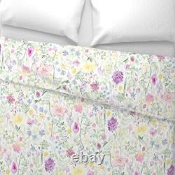 Pink White Green Flowers Summer meadow Sateen Duvet Cover by Spoonflower