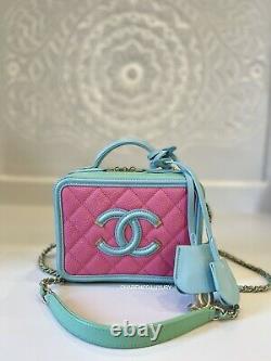 RARE! CHANEL Caviar Vanity Filigree Small Pink Blue Green Case Bag