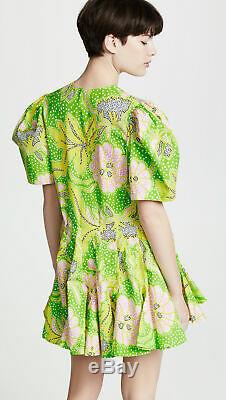 RHODE RESORT NWT Vivienne Neon Green Pink Floral Print Puff Sleeve Mini Dress S