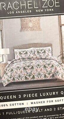 Rachel Zoe Pink, Green, Brown Luxury Queen Floral Quilt Set 88x92 New