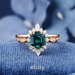 Rose Gold 14K Solid Asscher Shape Emerald Ring For Her Moissanite Studded Design