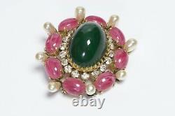 SCHREINER New York 1950s Green Pink Cabochon Glass Crystal Pearl Brooch
