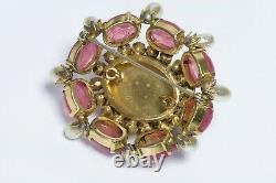 SCHREINER New York 1950s Green Pink Cabochon Glass Crystal Pearl Brooch