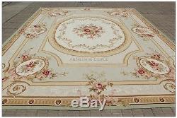 SHABBY FRENCH CHIC Aubusson Area Rug SUBTLE GREEN IVORY w PINK ROSE Wool Carpet