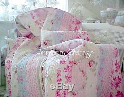 Shabby Beach Blue Pink Roses Chic Summers Cottage Green Patchwork Queen Quilt