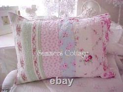 Shabby Beach Cottage Bella Blue Green Pink Roses Chic Twin Quilt & Pillow Sham
