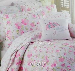 Shabby Pink Chic Rose Petals On White Aqua Green Queen Quilt Pillow Shams Set