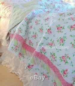 Shabby Pink Roses Chic White Cottage Green Pink Stripe Ruffle Twin Quilt Set
