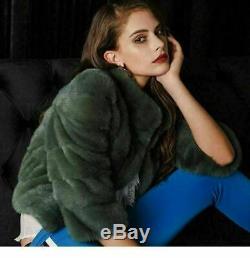 Short Mink Fur Jacket Cropped 3/4 Sleeves SAGA Mink Fur Green Pink Blue Or White