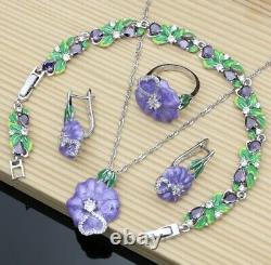 Silver 925 Jewelry Sets Pink Topaz Earrings Women Shiny Green Enamel Necklace
