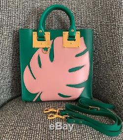 Sophie Hulme Square Albion Medium Leather Tote Bag Green Pink Leaf Gold Hardware