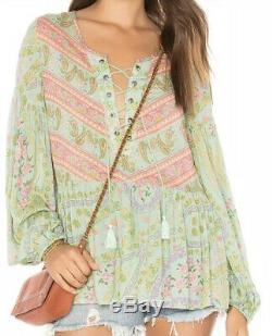 Spell And The Gypsy Womens Blouse Small Green Pink Floral City Light Lace Up Top