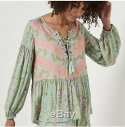 Spell And The Gypsy Womens Blouse Small Green Pink Floral City Light Lace Up Top