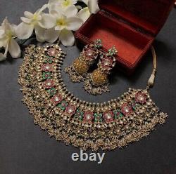 Statement Kundan Pink-Green Necklace elegant Gold Finish Handmade bridal Jewelry