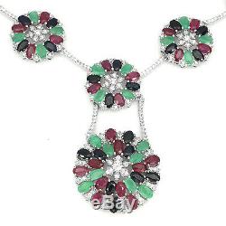 Sterling Silver Blue Sapphire Green Emerald and Pink Ruby Necklace 18 19 Inch