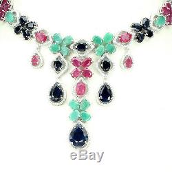 Sterling Silver Natural Blue Sapphire Green Emerald and Pink Ruby Necklace