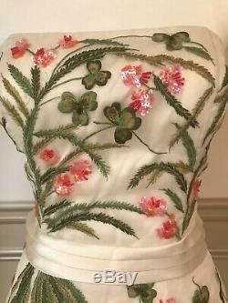 Sue Wong Ivory/Pink/Green Silk Hand-Beaded Strapless Gown Size 10 NWT