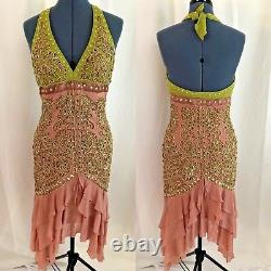 Sue Wong Pink Green Accordion Chiffon Silk Halter Bead Embellished Dress Size 10