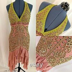 Sue Wong Pink Green Accordion Chiffon Silk Halter Bead Embellished Dress Size 10