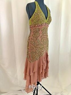 Sue Wong Pink Green Accordion Chiffon Silk Halter Bead Embellished Dress Size 10