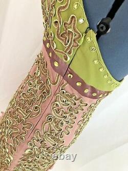 Sue Wong Pink Green Accordion Chiffon Silk Halter Bead Embellished Dress Size 10