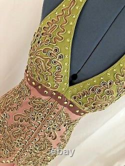 Sue Wong Pink Green Accordion Chiffon Silk Halter Bead Embellished Dress Size 10