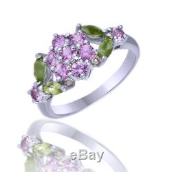 Summer Sale Pink Tourmaline and Green Peridot 925 Sterling Silver Flower Ring