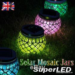 SuperLED + Solar Garden Mosaic Jar Lights, Red, Green, Blue & Gold NEW EFFECT