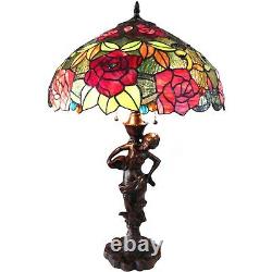 Tiffany-Style 2-Light Floral Table Lamp Red Green Pink Stained Glass 27 High