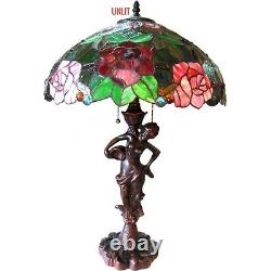 Tiffany-Style 2-Light Floral Table Lamp Red Green Pink Stained Glass 27 High