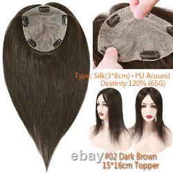 Topper Hairpiece Silk Base Clip In Remy Human Hair Top Piece Toupee Wig FOR THIN