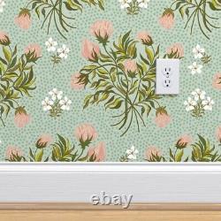 Traditional Wallpaper Bouquet Sage Pink Roses Green Ditsy Floral Vintage Antique