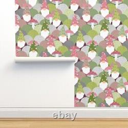 Traditional Wallpaper Floral Gnomes Pink Green Flowers Leaves