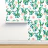 Traditional Wallpaper Pink Green Floral Rose Cactus Boho Succulents Prickly Pear