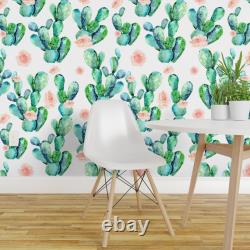 Traditional Wallpaper Pink Green Floral Rose Cactus Boho Succulents Prickly Pear
