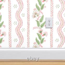 Traditional Wallpaper Pink Stripe Green Floral Preppy Traditional Coral