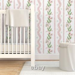 Traditional Wallpaper Pink Stripe Green Floral Preppy Traditional Coral